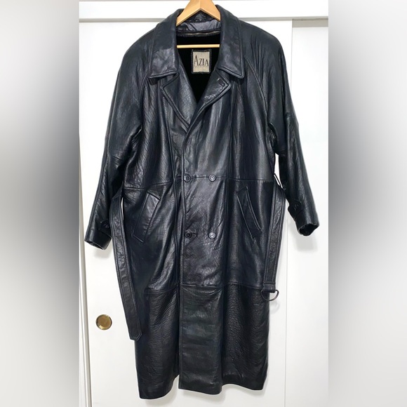 Azia Collection full length black leather coat size L